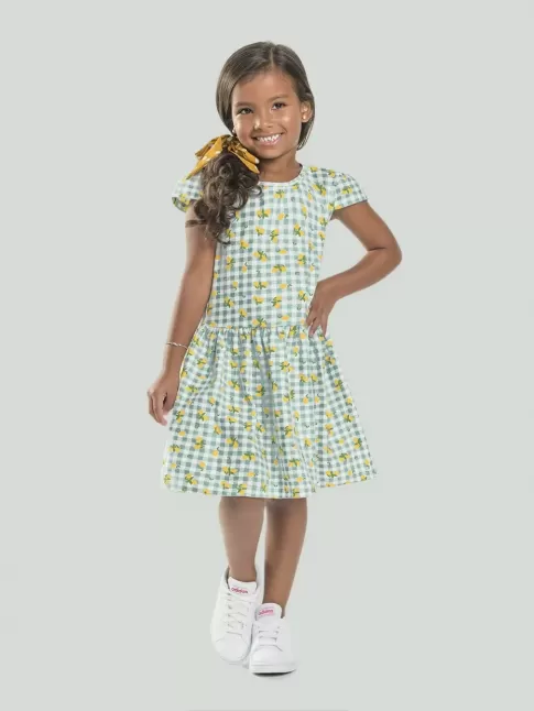 Vestido Infantil em Cotton Lycra Xadrez Com Frutas Azul e Branco [2008208]