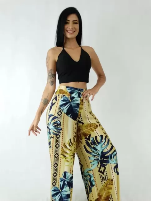 Calça Pantalona em Viscose com Pala e Elástico Bege Étnico Folhas [1911104]