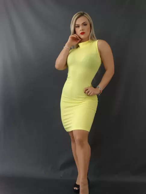 Vestido Gola Alta sem Manga em Suplex Canelado Amarelo[2112086]