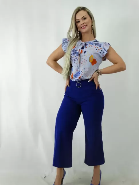 Calca Pantacourt em Tecido com Fivela Azul Caneta [1902151]