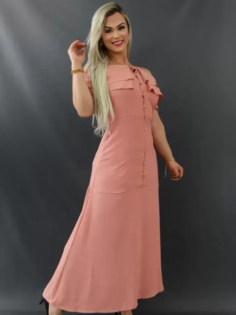 Vestido Longo Ciganinha com Botões em Crepe Rosa [2012078]