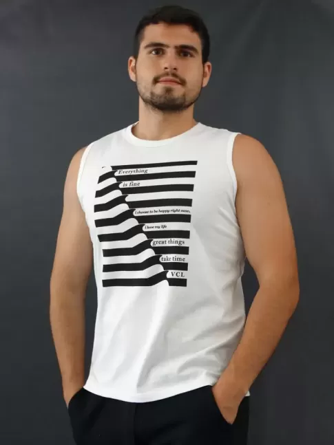 Camiseta Masculina Regata Estampada Listras Everything is Fine Branco [2010026]