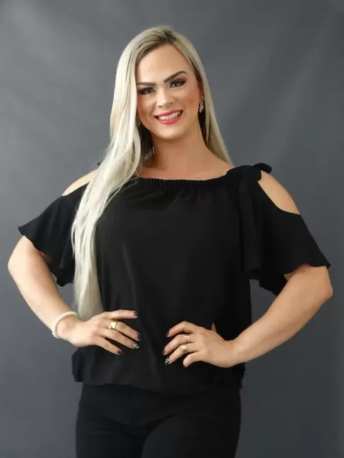 Blusa Feminina Ciganinha com Laco em Viscose Preto  [2207044]