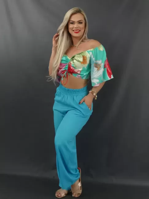 Calça Pantalona Cós com Elastico em Charmeuse em Elastano Azul [2112042]