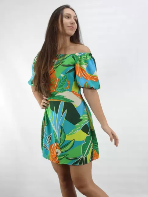 Vestido Frente Unica com Laco Manga  Punho e Decote nas Costas com Elastico em Viscose  Folhas Colors [2303033]