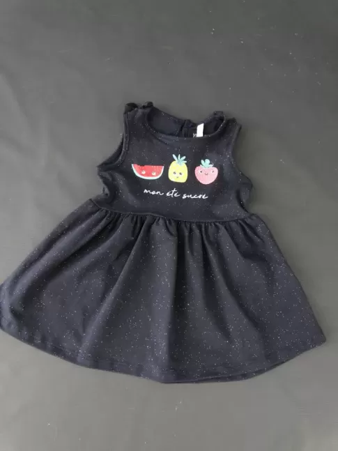 Vestido Infantil e Calcinha em Meia Malha Estampa Frutas Azul Marinho Glitter [2008201]