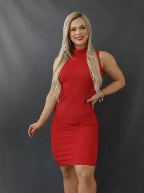 Vestido Gola Alta sem Manga em Suplex Canelado Vermelho [2112087]