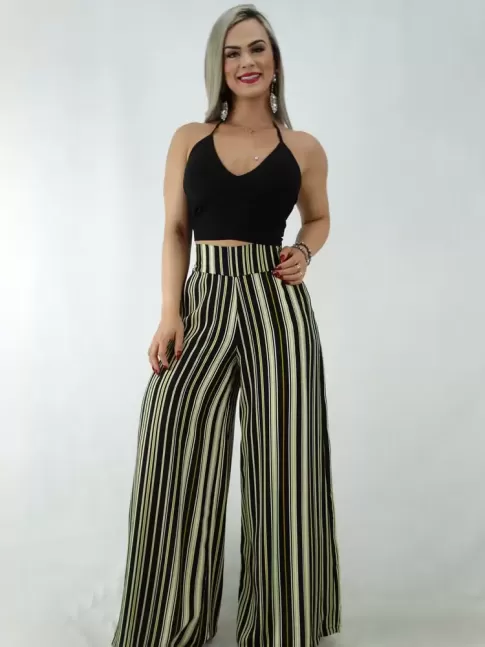 Calça Pantalona em Viscose com Pala e Elástico Preto Listras Mostarda [2001063]