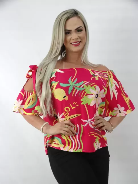 Blusa Feminina Ciganinha com Laco em Viscose Rosa Estampa Tropical [2210033]