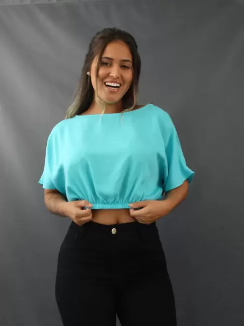 Blusa Cropped Manga Morcego com Elastico em Viscolinho Azul [2203013]