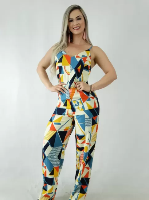 Macacão Pantalona em Viscose Decote V Amarelo Geométrico Colors [1909193]