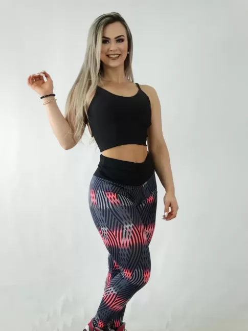 Calça Legging em Suplex Estampado Riscos Detalhes Rosa [1909246]