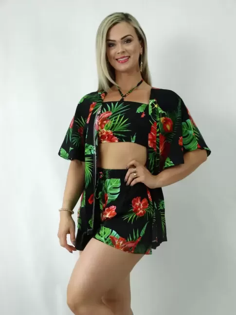 Conjunto Kimono Top com Bojo e Shortinho Em viscose Preto Estampado [1901263]