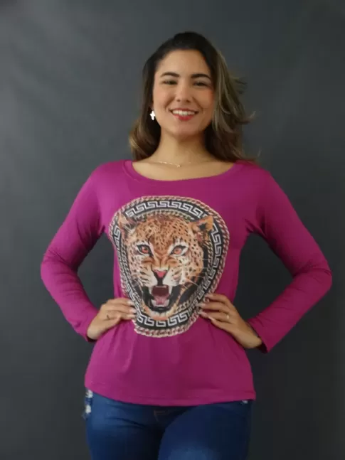 Blusa Feminina Manga Longa Gola Canoa em Viscolycra Violeta Estampa Onca[2205036]
