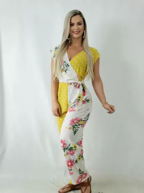 Macacao Viscose Transpassado com Argola Amarelo e Off White [1810125]
