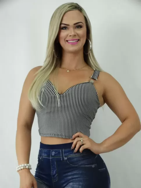 Cropped em Suplex com Bojo Listras Preto e Branco com Botão na Alça [1901152]