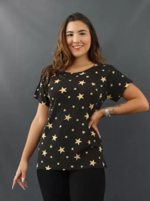 Blusa Feminina T-shirt Estampada em Viscolycra Preto Estrelas [2109231]