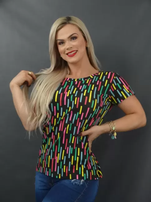 Blusa Feminina T-shirt em Viscolycra Preto Riscos Colors [2112140]