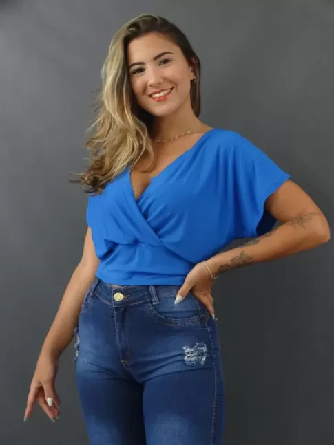 Blusa Feminina Decote Transpassado com Pala em Viscolycra Azul [2201027]