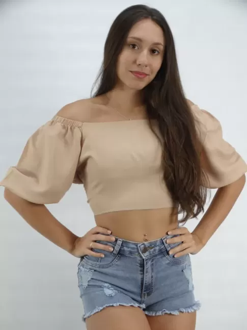 Blusa Feminina Cropped Frente Unica com Laco Manga e Punho com Elastico em Viscose Nude [2303016]