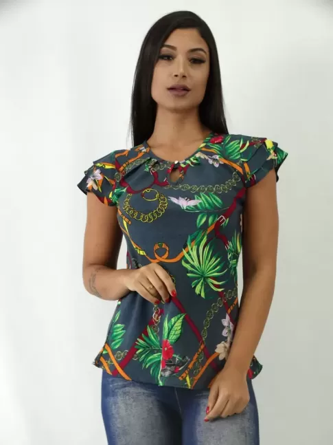 Blusa em Viscose Manga Sobreposta Decote Gota com Botão Grafite Folhas Correntes [1902242]