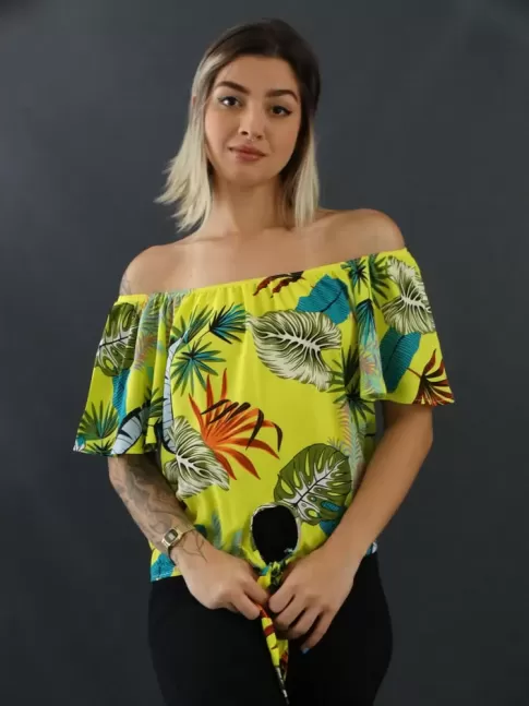 Blusa Feminina Decote Canoa com Elástico  Manga Flare em Viscose Amarelo Folhas[2109047]