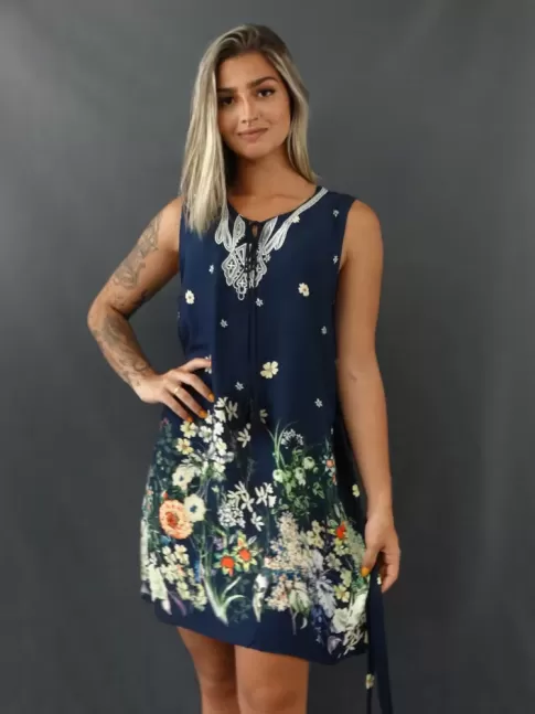 Vestido de Alça Larga com Cinto em Viscose Azul Marinho Flores [2102023]