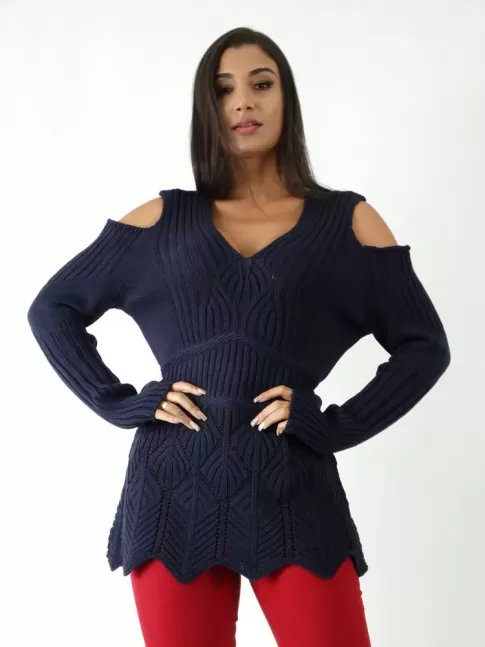 Blusa em Tricot Trabalhado Decote V Manga Longa Vazada com Punho Azul Marinho [1904149&91;