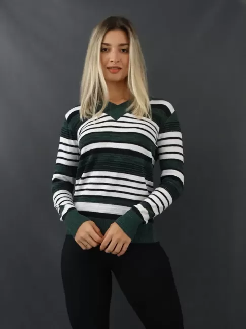 Blusa Feminina em Linha Decote V Listras Verde Branco e Preto [2105027]