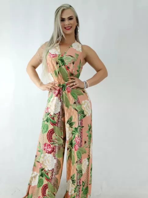 Macacão Pantalona em Viscose Alça Larga Decote Transpassado Rose Etnico Flores [1911339]
