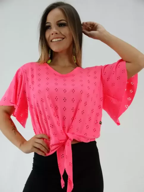Blusa com Manga Flare em Viscolycra Rosa Neon [2001279]