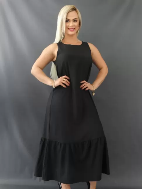 Vestido Longo Soltinho Decote Redondo Barra com Babado Preto Tecido Alfaiataria [ 2109279]