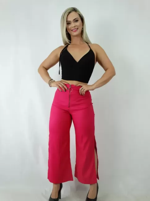 Calça Pantacourt Em Tecido Frente com Ziper Rosa Pink [1901216]