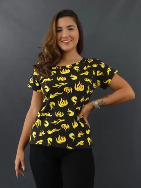 Blusa Feminina T-shirt Estampada em Viscolycra Preto Chamas [2109237]
