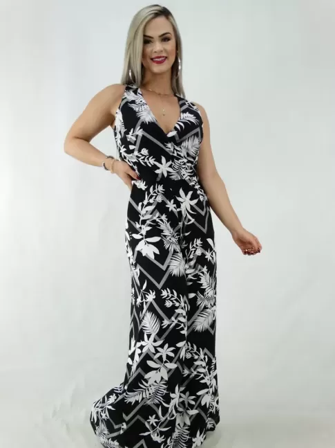 Macacão Pantalona em Viscose Alça Larga Decote Transpassado Preto Folhas [2001004]