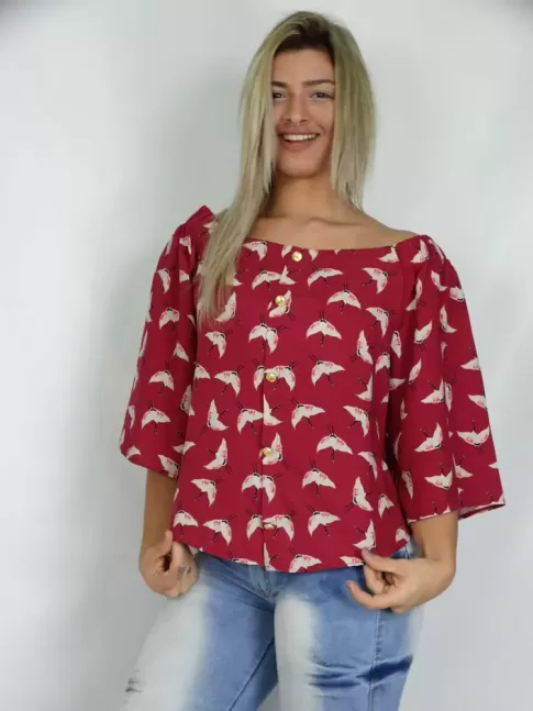 200- Blusa Ombro a Ombro Mangenta Pássaros