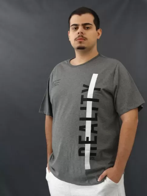 T-shirt Masculina Estampada Faixa Branca Reality Cinza Plus Size [2010046]