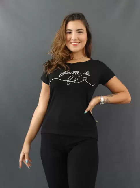 Blusa Feminina T-shirt Estampada em Viscolycra Preto Feita de Fe [2109209]