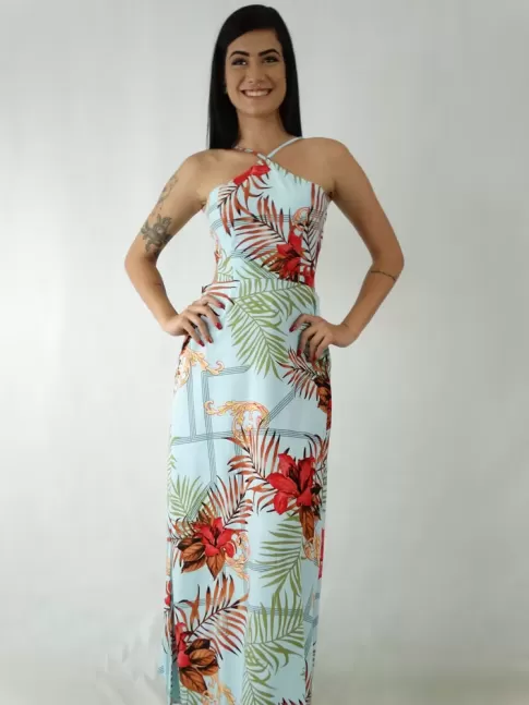 Vestido Longo em Viscose Frente Única Azul Turquesa Folhas [1910152]