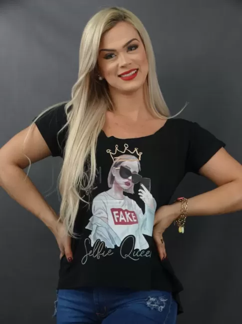 Blusa T-shirt Mullet em Viscolycra Selfie Preto [2112131]