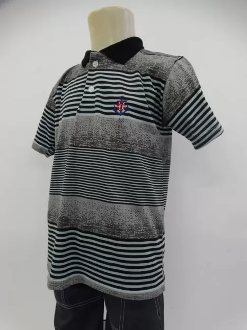 Camisa Polo Infantil em Malha Listras Verde com Cinza [1905019]