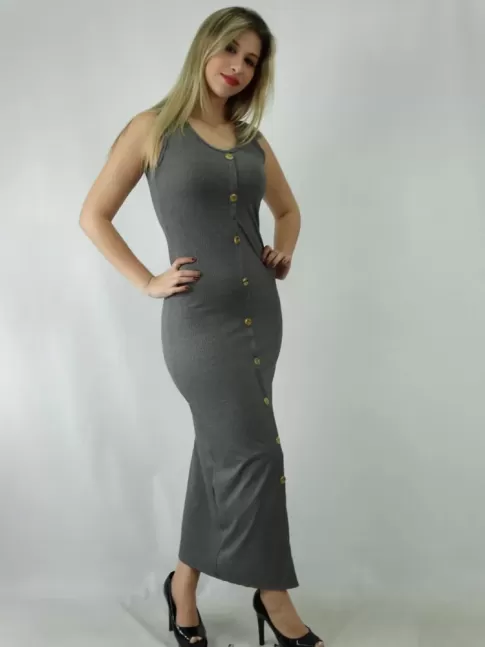 Vestido em Suplex Canelado com Botões e Bojo Cinza Mescla [1810098]