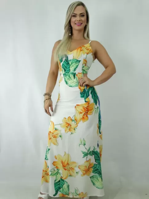 Vestido longo em viscose com Amarração e Abertura Costas Branco Flores Folhas [1901244]