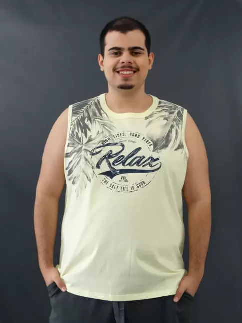 Camiseta Masculina Regata Folhas Relax Amarelo Claro Plus Size [2010036]