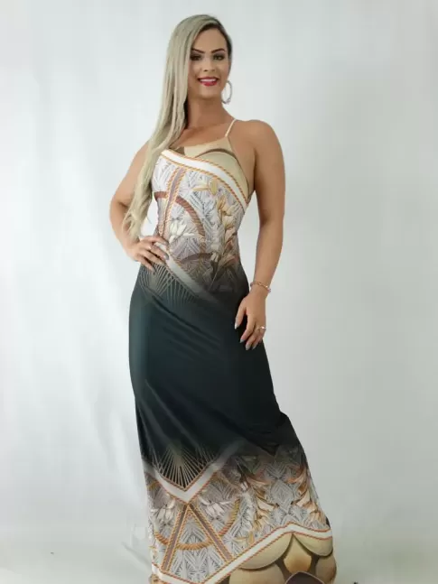 Vestido Longo em Liganete Decote Quadrado Costas com Trançado Grafite Etnico Folhas [1904004]