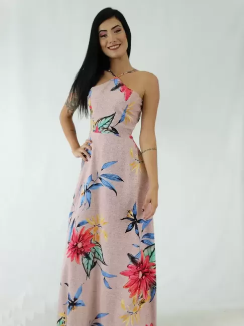 Vestido Longo em Viscose Frente Única Rose Flores Colors [1911032]