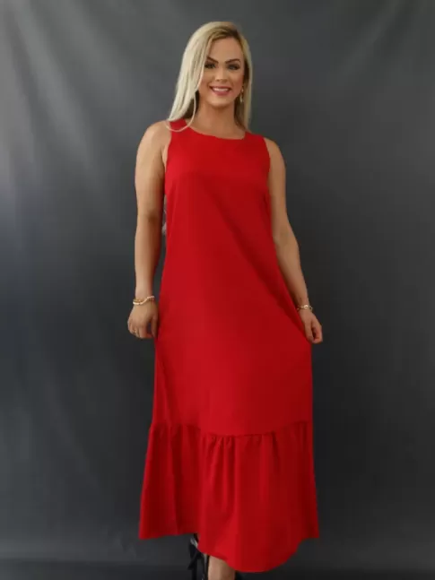 Vestido Longo Soltinho Decote Redondo Barra com Babado Vermelho Tecido Alfaiataria [ 2109281]