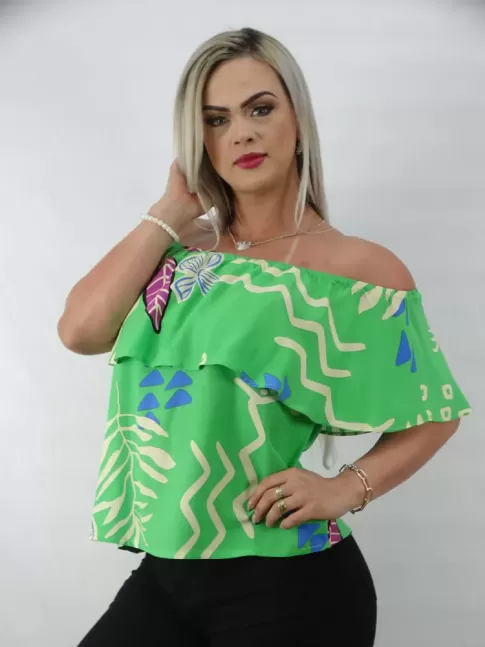 Blusa Feminina Ciganinha com Elastico em Viscose Verde Etnico Flores e Folhas [2210031]