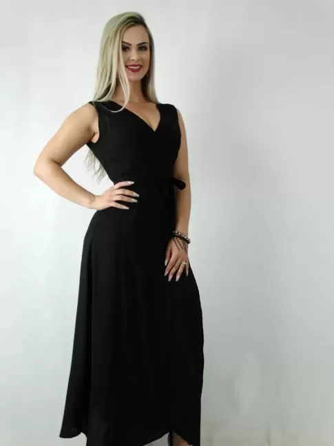 Vestido em Viscose Envelope Transpassado de Alça Larga Preto [1905013&91;