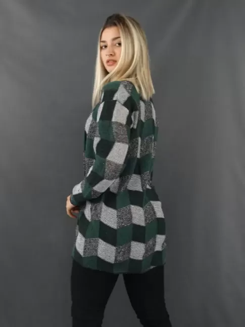 Kimono Feminino em Tricot Xadrez Cinza com Verde ]2105041]